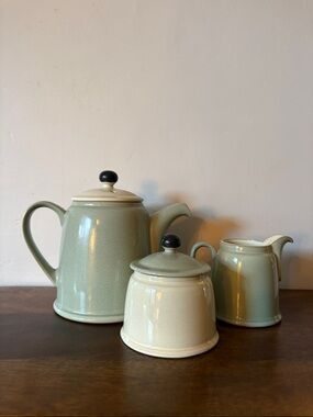 DENBY ENERGY - Celadon Green and Cream Coffee/Tea Pot Creamer and Sugar Bowl